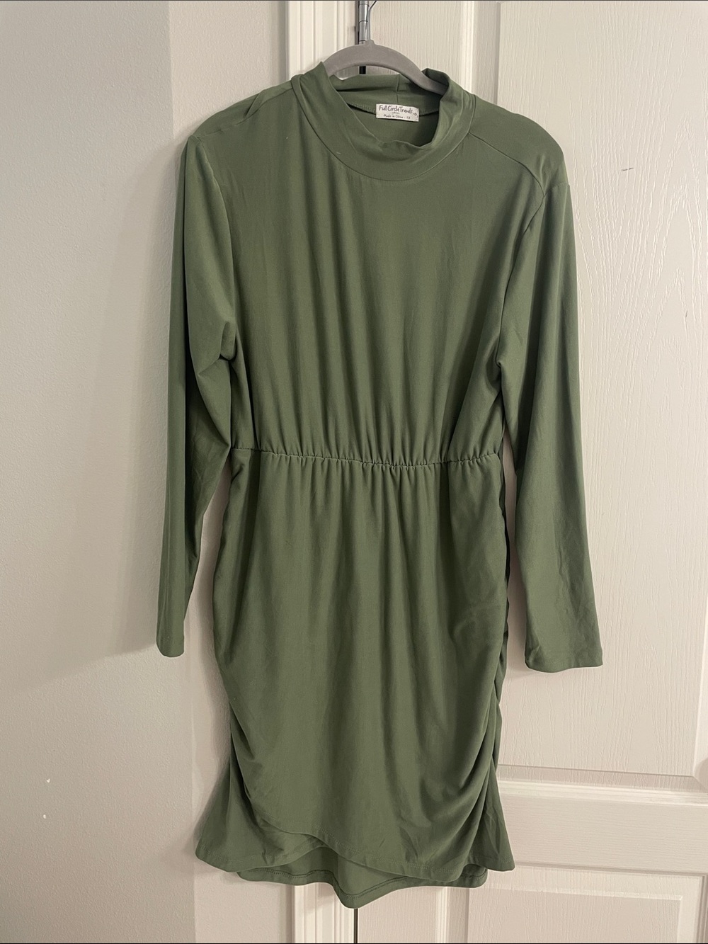Long-Sleeve Olive Green Gathered-Waist Dress